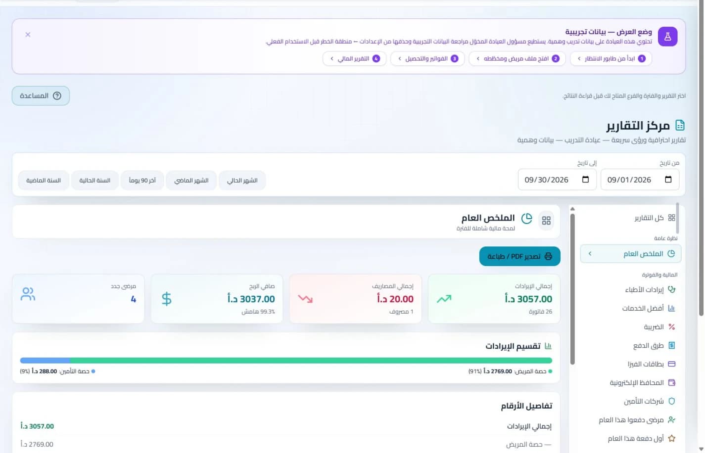 المحاسبة والتقارير في نظام كلينكس جو لإدارة العيادات — بيانات تدريبية