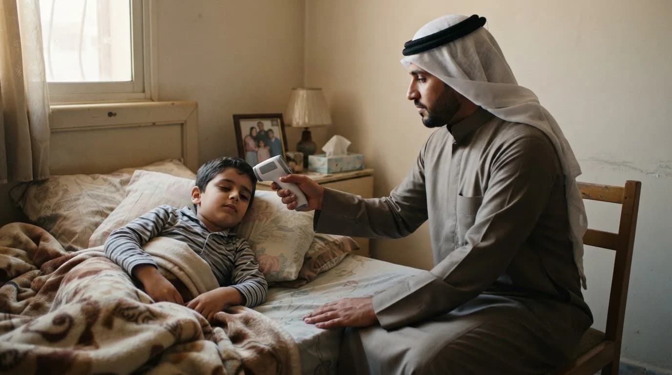 أطباء تطعيمات وحساسية في الطفيلة — أب يراقب حرارة طفله المريض في المنزل — دليل أفضل أطباء تطعيمات وحساسية في الطفيلة
