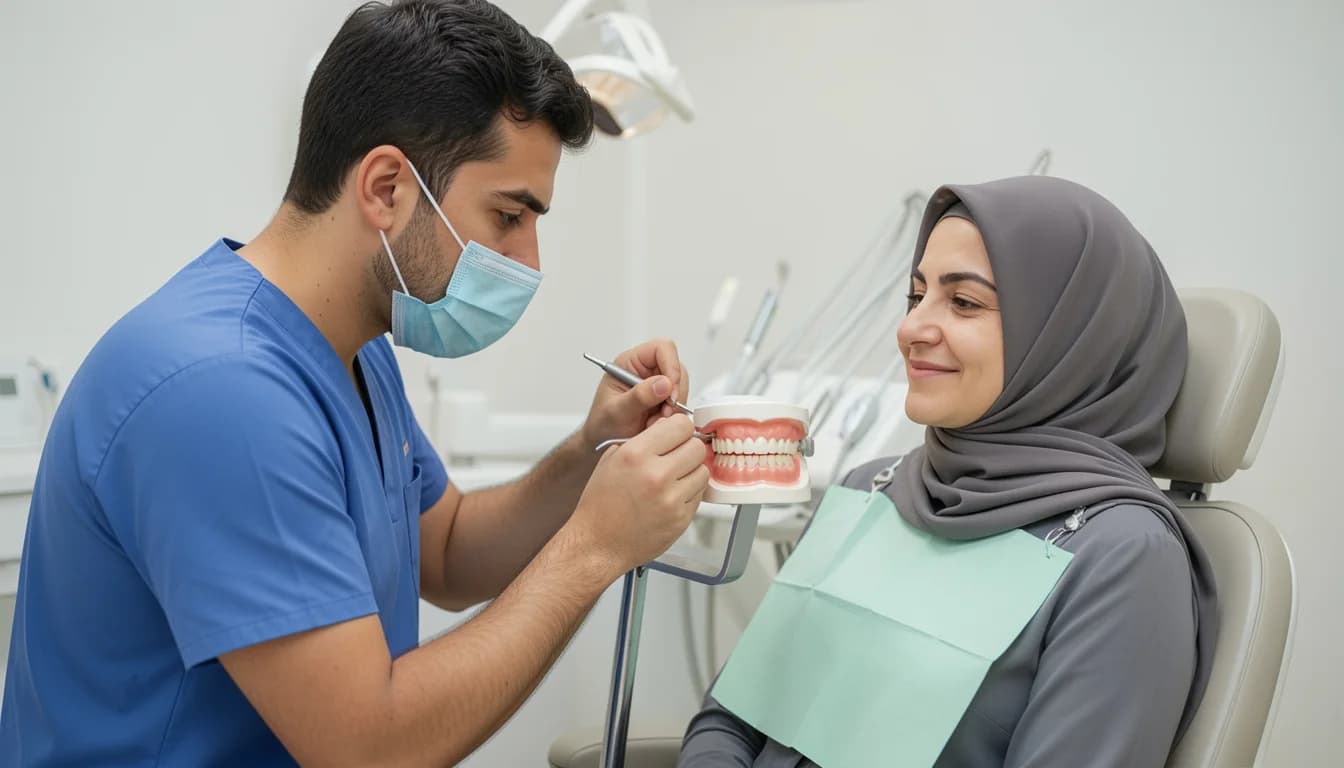 أطباء وعيادات أسنان ذوي الاحتياجات الخاصة في الأردن — طبيب أسنان يشرح العناية بالأسنان باستخدام مجسم — دليل أفضل أطباء أسنان ذوي الاحتياجات الخاصة في الأردن