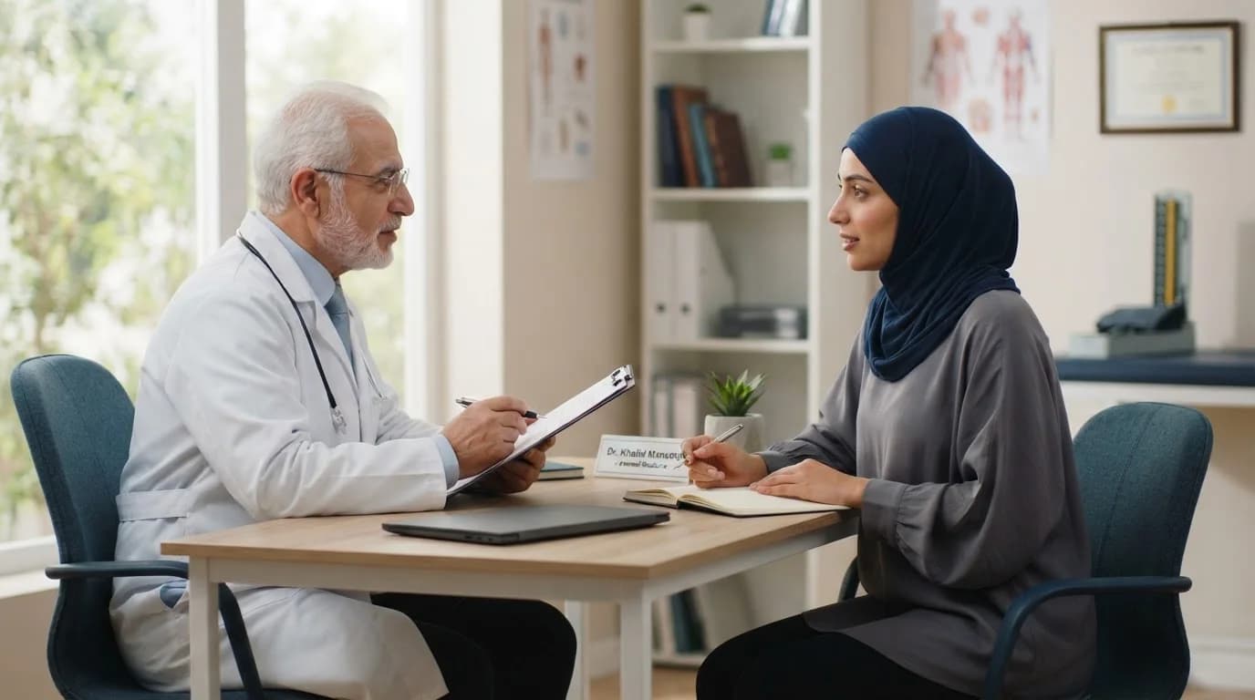 أطباء طب عام في عجلون — طبيب ومراجعة يتبادلان المعلومات خلال الاستشارة — دليل أفضل أطباء طب عام في عجلون