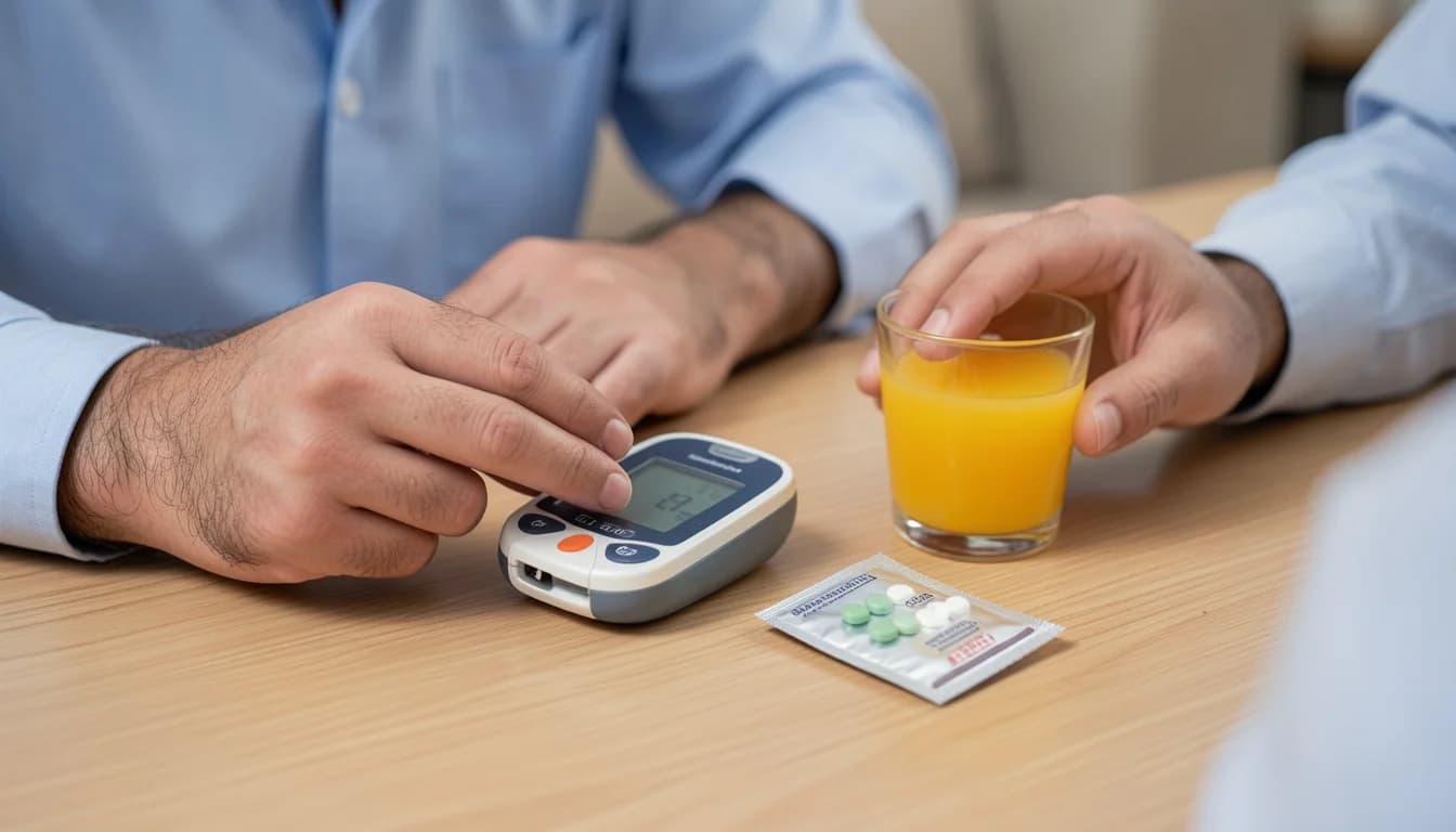 هبوط السكر: الأعراض والإسعاف وقاعدة القياس قبل العلاج — يتناول أعراض هبوط السكر لدى مرضى السكري، طرق إسعافه، وكيفية مراجعة الخطة العلاجية لمنع تكرار النوبات.