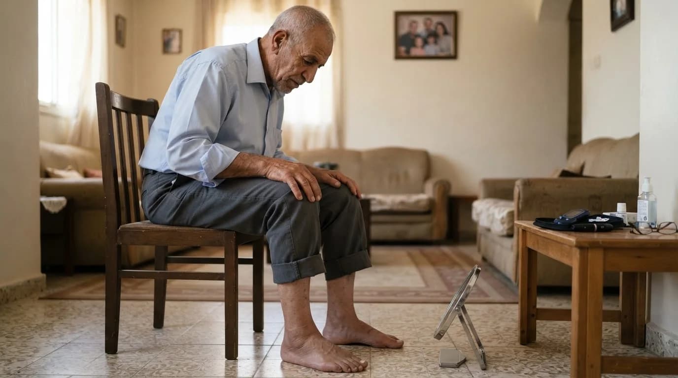 القدم السكرية: فحص يومي يمنع القرحة والبتر — يوضح أهمية الفحص اليومي للقدم السكرية للوقاية من القروح والعدوى، مع نصائح للعناية بها وتجنب مضاعفات القدم السكرية.