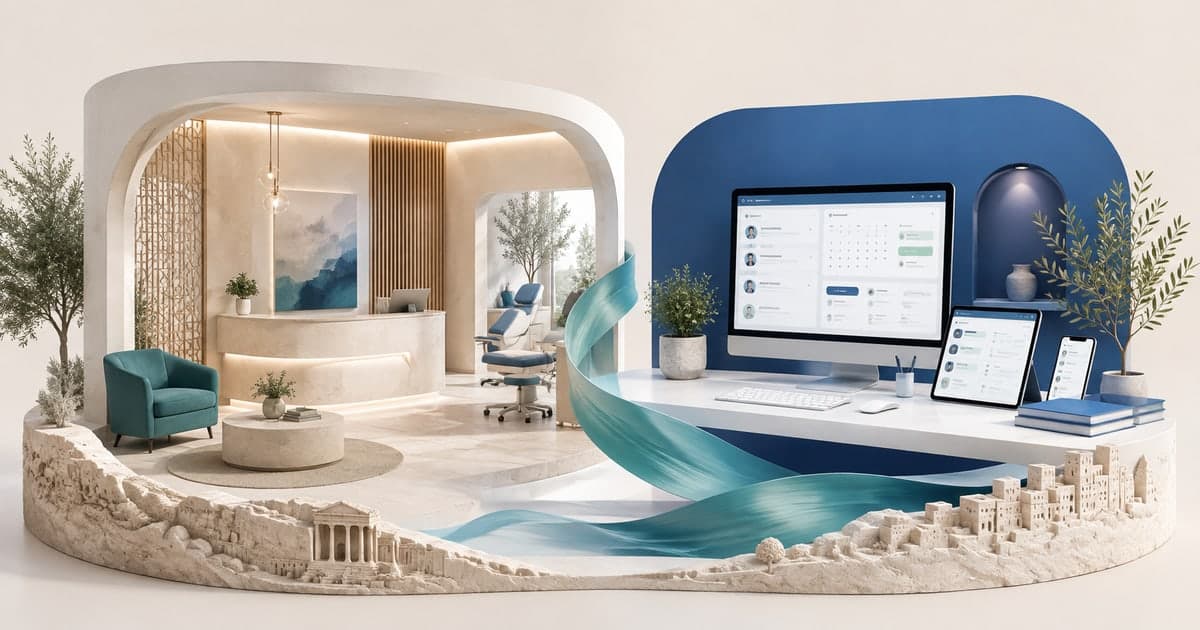 AI-generated concept connecting a clinic reception to a digital workspace; the screens are illustrative