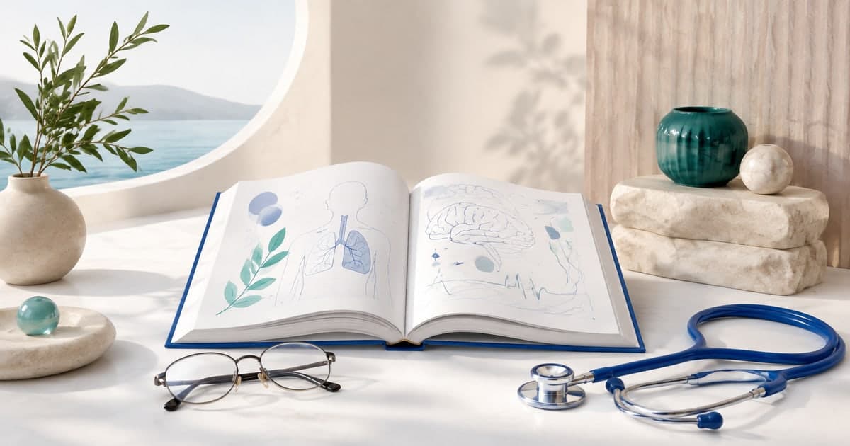 صورة توضيحية مولّدة لكتاب طبي مفتوح ونظارة قراءة وسماعة طبية