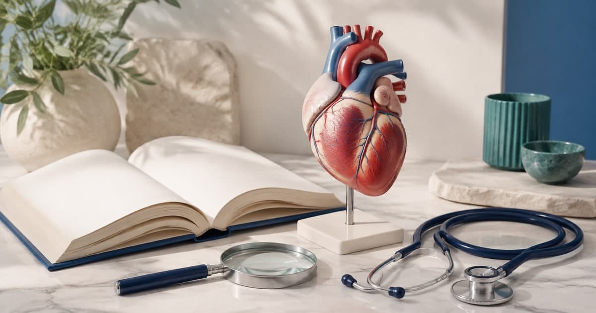 صورة توضيحية مولّدة لنموذج تعليمي للقلب وكتاب طبي وعدسة وسماعة