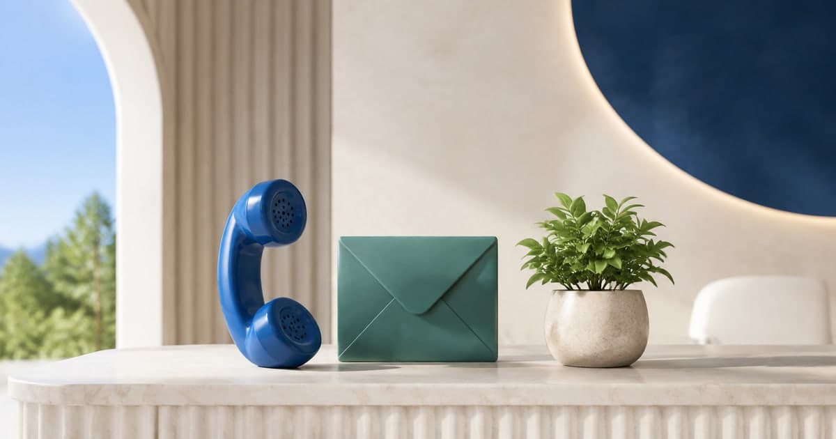 AI-generated illustration of a blue telephone handset, teal envelope and plant