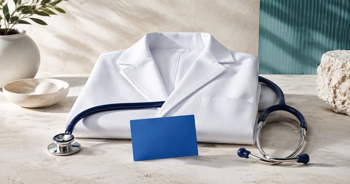 AI-generated illustration of a white medical coat, stethoscope and blank blue card
