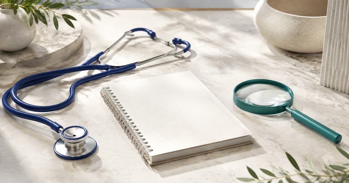 AI-generated illustration of a stethoscope, blank observation notebook and teal magnifying glass