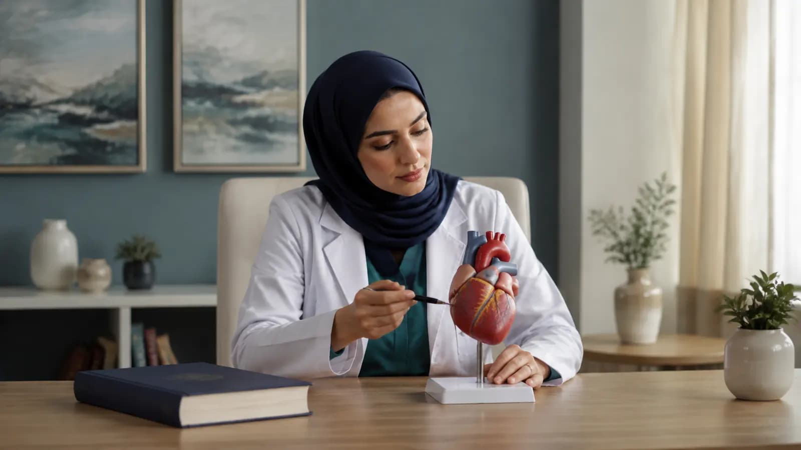 AI-generated illustration of a doctor examining an educational heart model