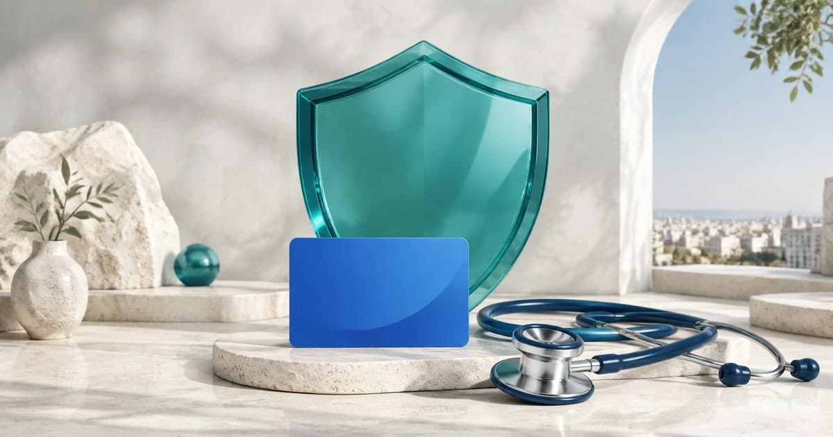 AI-generated illustration of a teal shield, blank blue medical card and stethoscope